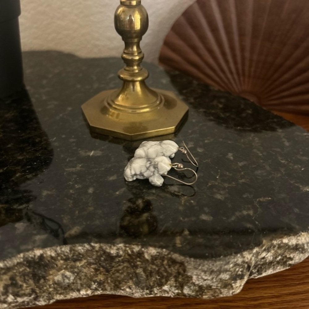 Handcrafted white howlite carved frog earrings